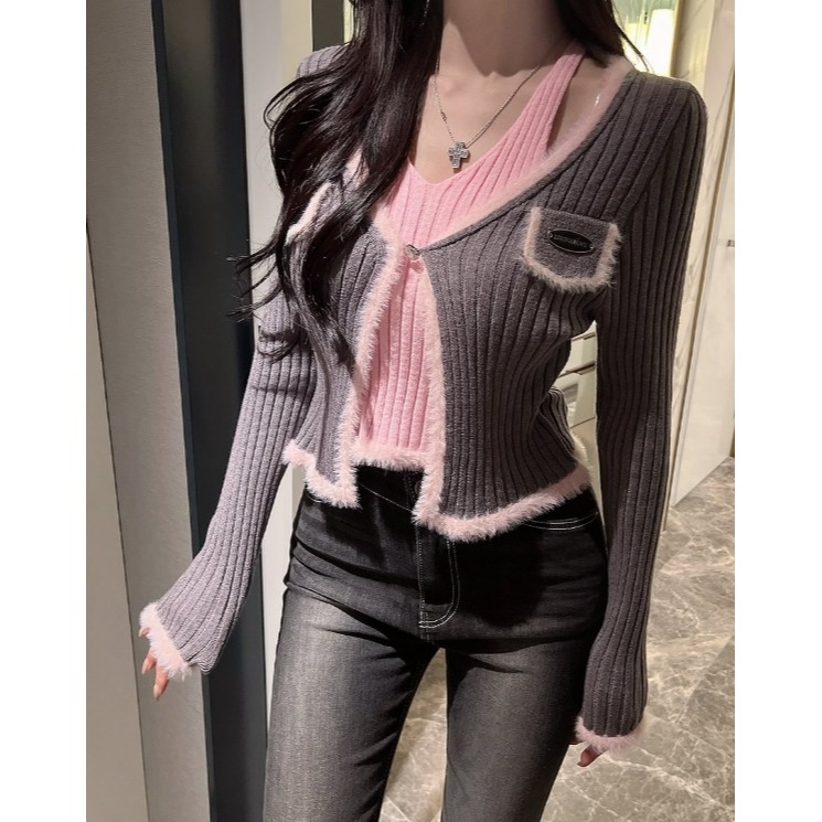 [預購 每周日中午 12:00收單] 2025 正韓 東大門 秋冬女裝 毛茸茸滾邊開襟衫+背心套裝組-規格圖8