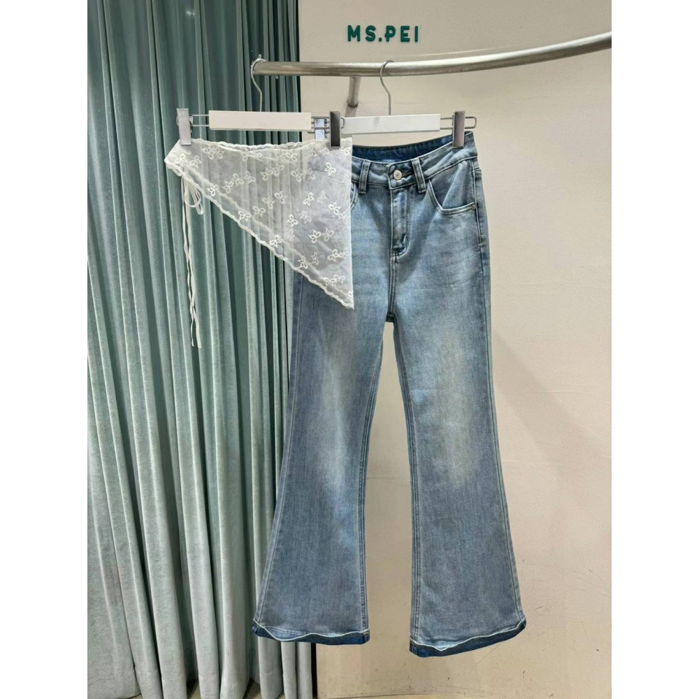 [預購 每周日中午  12:00收單] 2025 韓國 初春女裝 斜綁蕾絲牛仔褲-細節圖2