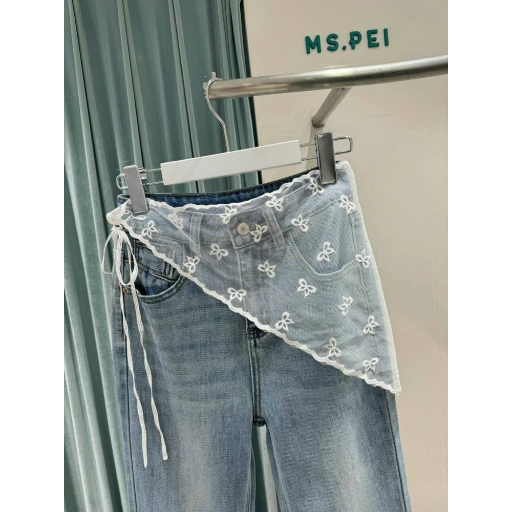 [預購 每周日中午  12:00收單] 2025 韓國 初春女裝 斜綁蕾絲牛仔褲-細節圖3