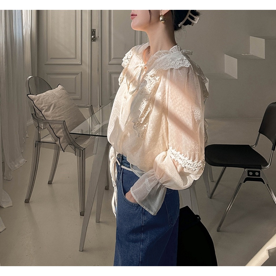 [預購 每周日中午 12:00收單] 2025 韓國 dabagirl 初春女裝 蕾絲微透束口喇叭袖上衣-細節圖2