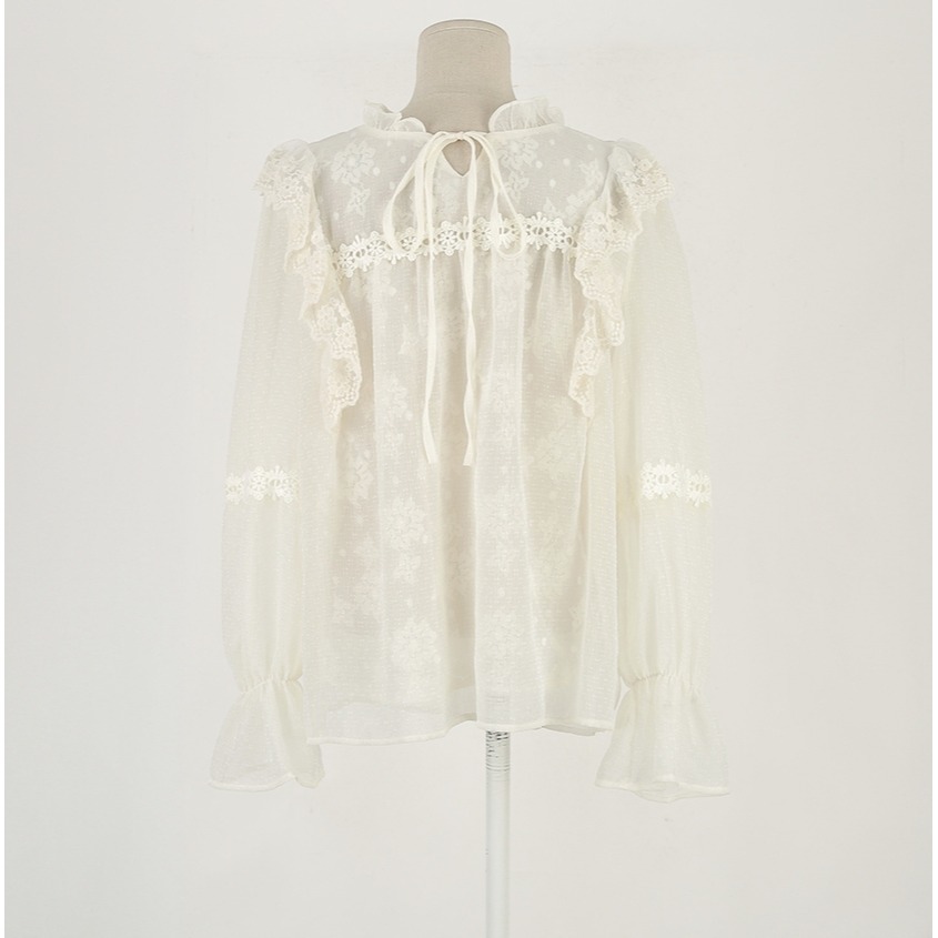 [預購 每周日中午 12:00收單] 2025 韓國 dabagirl 初春女裝 蕾絲微透束口喇叭袖上衣-細節圖10