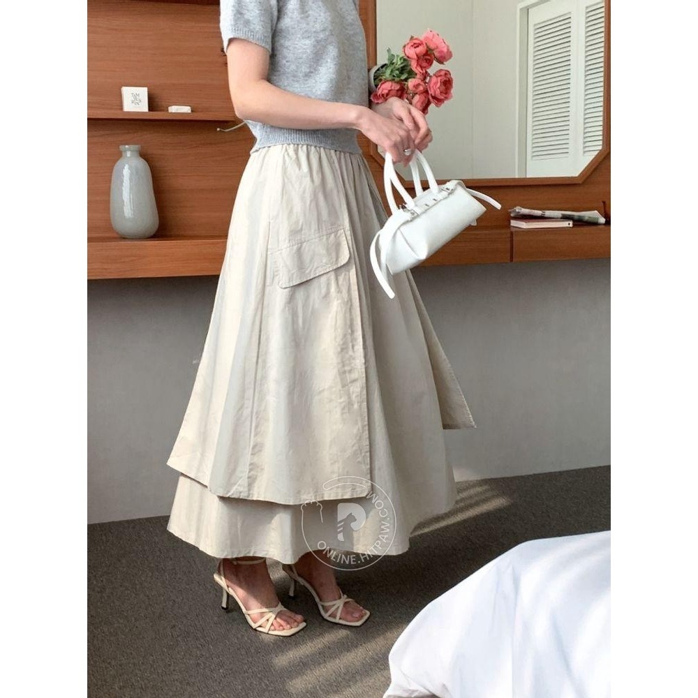 [預購 每周日中午 12:00收單] 2025 韓國 東大門初春女裝 微澎雙層設計口袋長裙-細節圖2