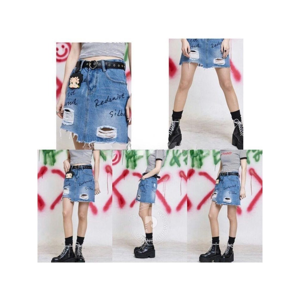 [預購 每周日中午 12:00收單] 2025 韓國 東大門 春夏女裝 嘻哈風 文字塗鴉抓破牛仔裙-細節圖2
