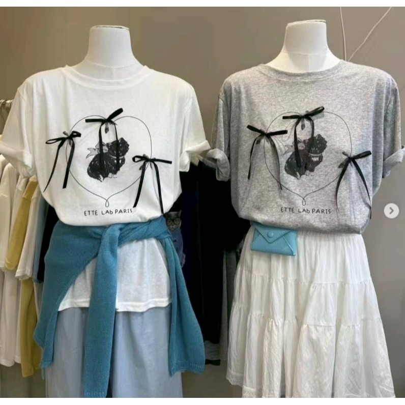 [預購 每周日中午 12:00收單] 2025 韓國東大門 春夏女裝 蝴蝶結愛心小貓短袖T-規格圖3