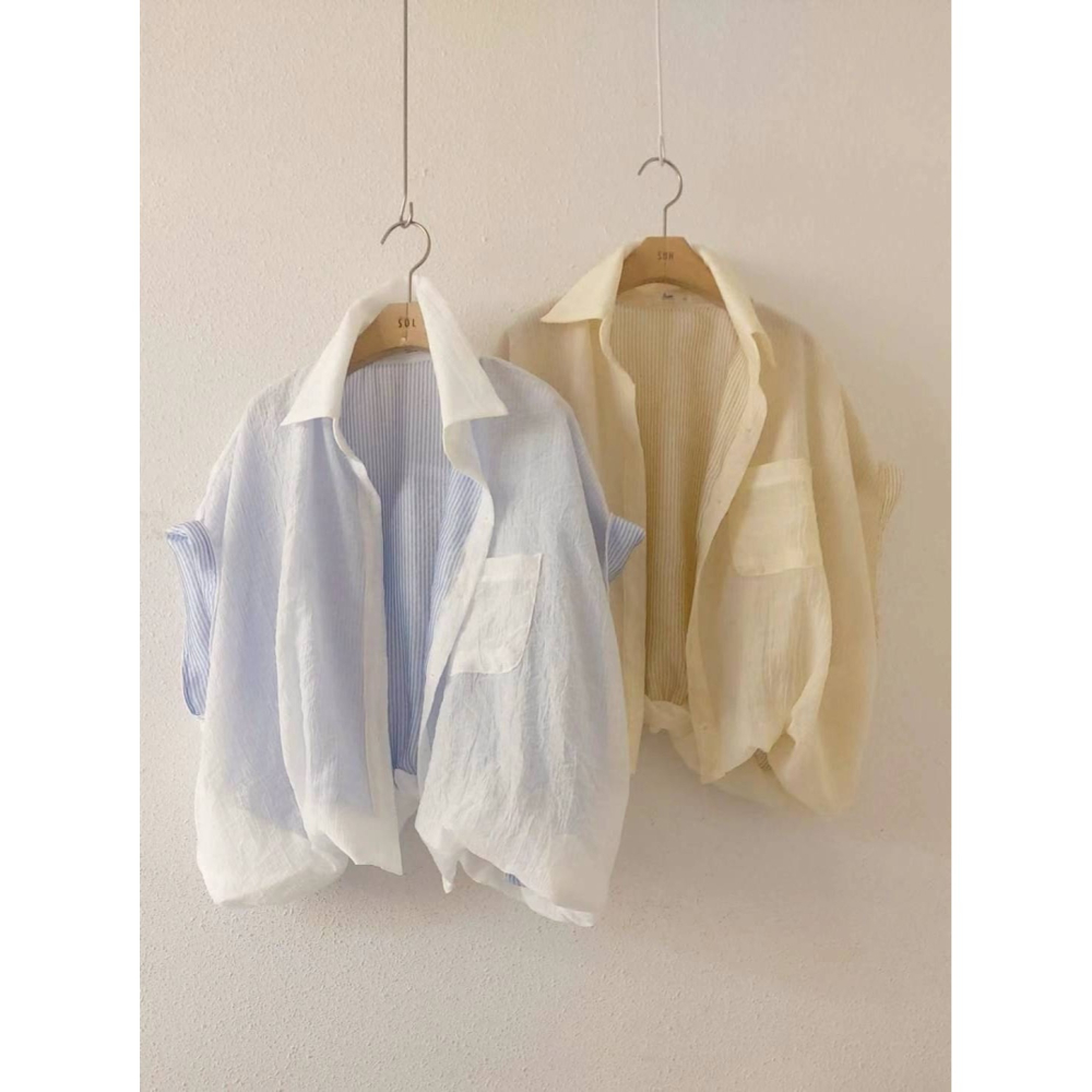 [預購 每周日中午 12:00收單] 2025 韓國春夏女裝 兩面穿條紋短袖上衣-細節圖2