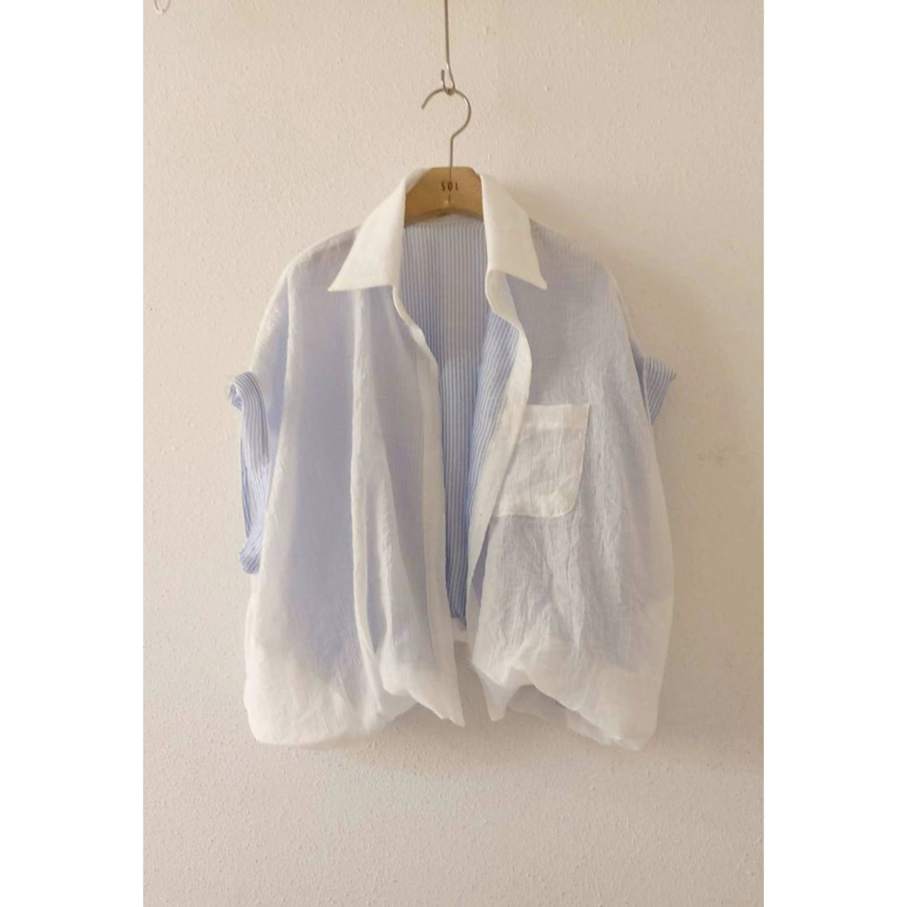 [預購 每周日中午 12:00收單] 2025 韓國春夏女裝 兩面穿條紋短袖上衣-細節圖3