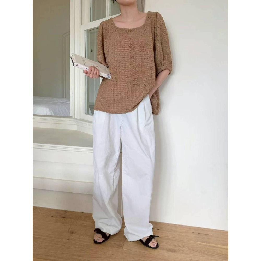 [預購 每周日中午 12:00收單] 2025 韓國 春夏女裝 五分袖方領 華夫格紋上衣-細節圖2