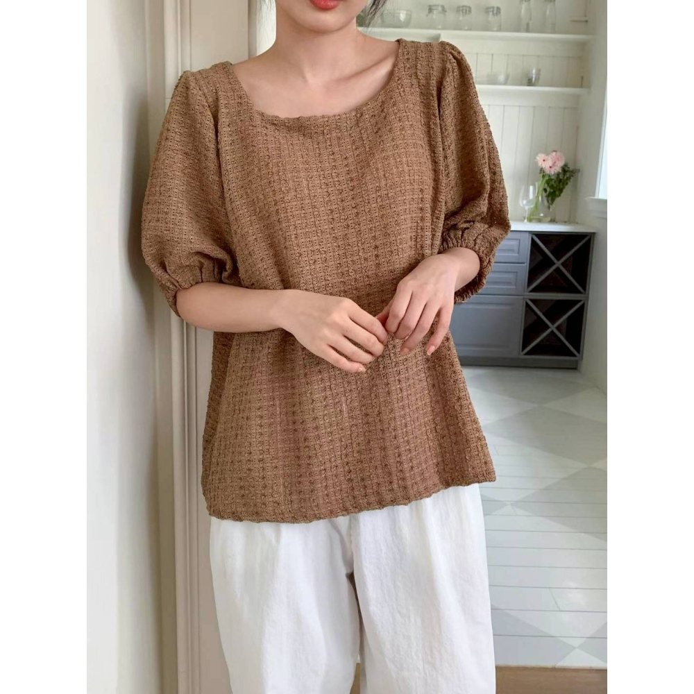 [預購 每周日中午 12:00收單] 2025 韓國 春夏女裝 五分袖方領 華夫格紋上衣-細節圖6