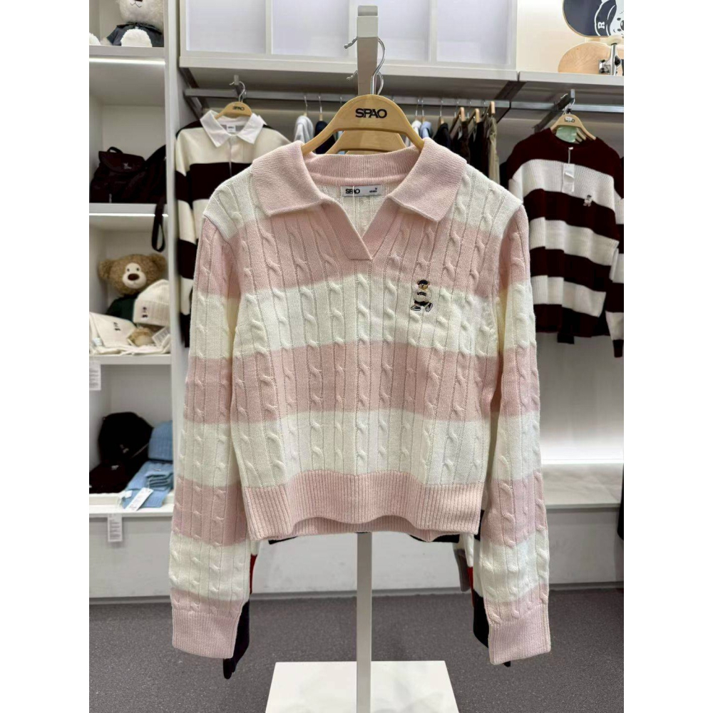 [預購 每周日中午 12:00收單] 2025 韓國 SPAO 小熊條紋開領針織上衣-細節圖2