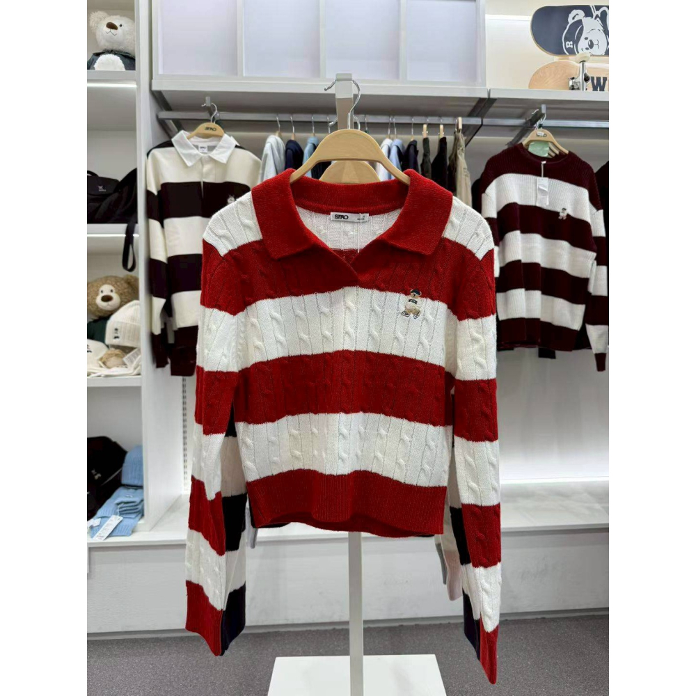 [預購 每周日中午 12:00收單] 2025 韓國 SPAO 小熊條紋開領針織上衣-細節圖3