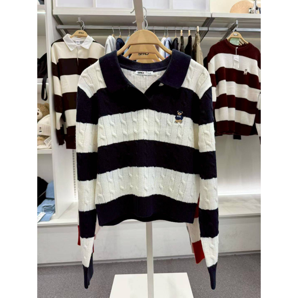[預購 每周日中午 12:00收單] 2025 韓國 SPAO 小熊條紋開領針織上衣-細節圖4