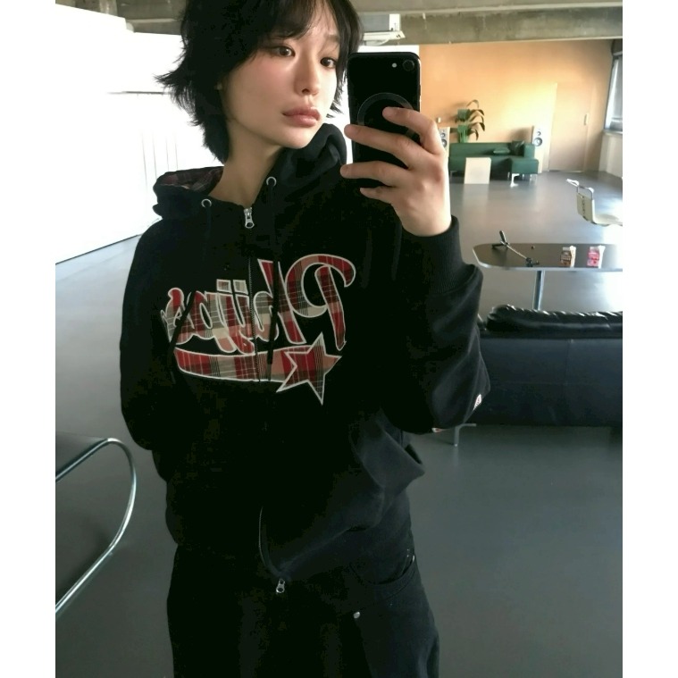 [韓國打折i[預購 每周日中午 12:00 收單] 2025 韓國 秋冬外套 PHYPS 中性款格紋LOGO連帽外套-細節圖3