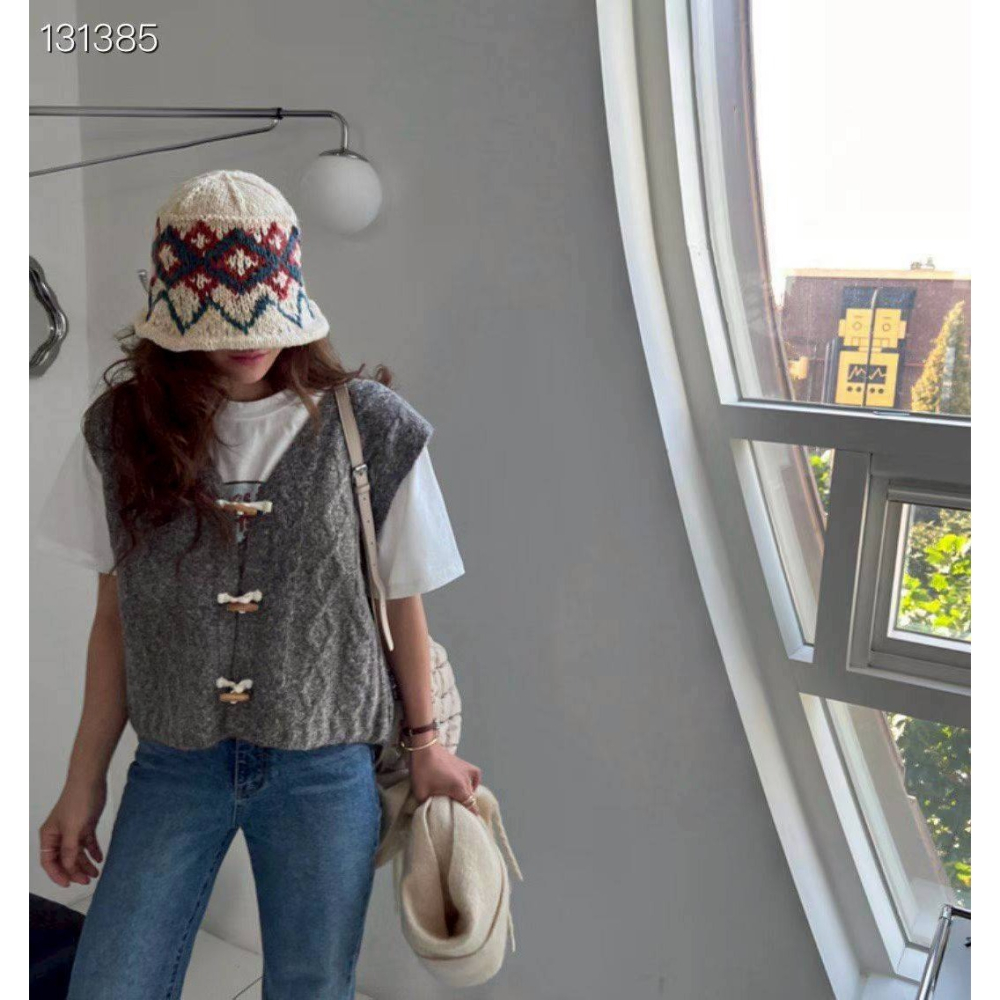 [預購 每周日中午 12:00收單] 2025 韓國 時尚配件 配色菱格紋針織漁夫帽-細節圖2