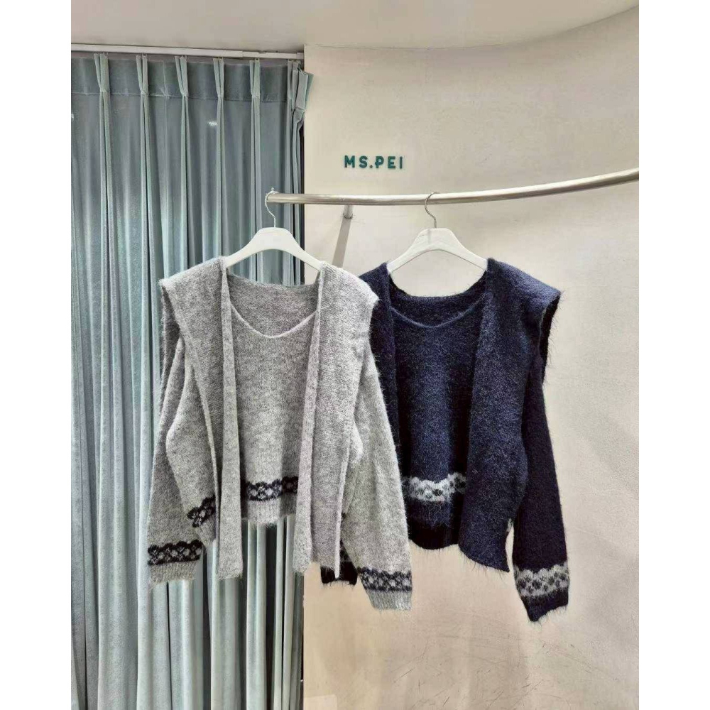 [預購 每周日中午 12:00收單] 2025 韓國 秋冬女裝 蝴蝶結披肩+V領針織上衣-細節圖2