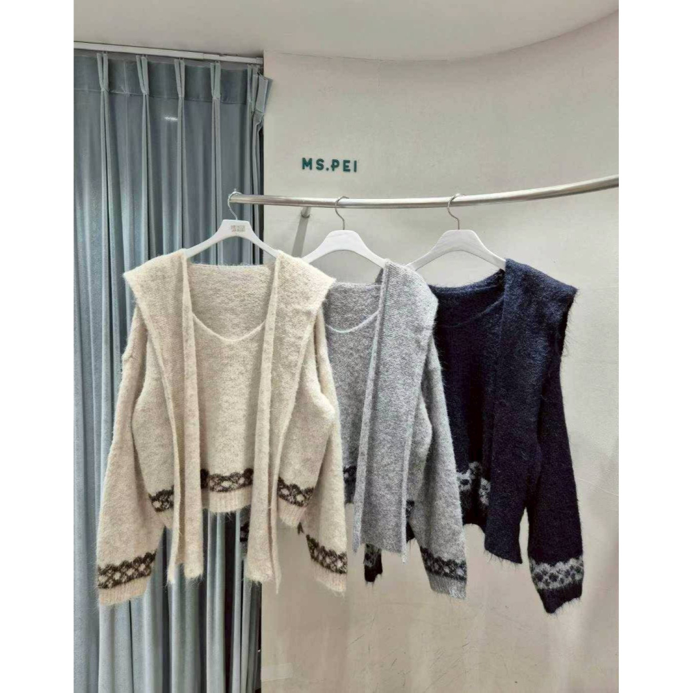 [預購 每周日中午 12:00收單] 2025 韓國 秋冬女裝 蝴蝶結披肩+V領針織上衣-細節圖4