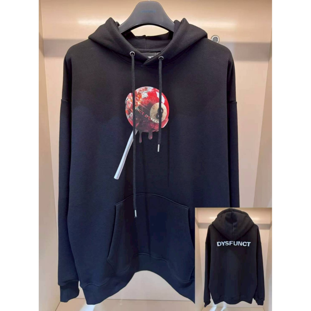 [韓國打折ing][預購 每周日中午 12:00收單] 2025 韓國潮牌DYSFUNCT 8號球棒棒糖連帽上衣(中性-細節圖2