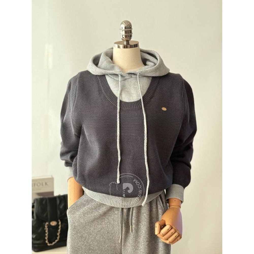 [預購 每周日中午 12:00收單] 2025 韓國 秋冬女裝 假兩件連帽針織上衣-細節圖2