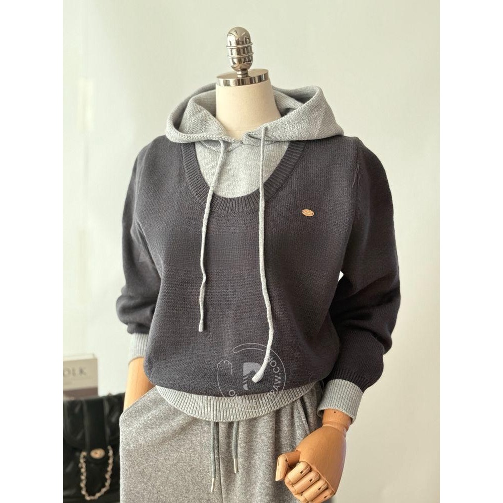 [預購 每周日中午 12:00收單] 2025 韓國 秋冬女裝 假兩件連帽針織上衣-細節圖3
