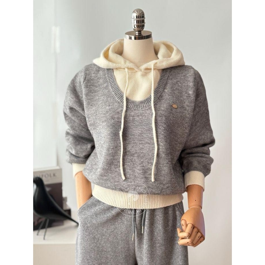 [預購 每周日中午 12:00收單] 2025 韓國 秋冬女裝 假兩件連帽針織上衣-細節圖6