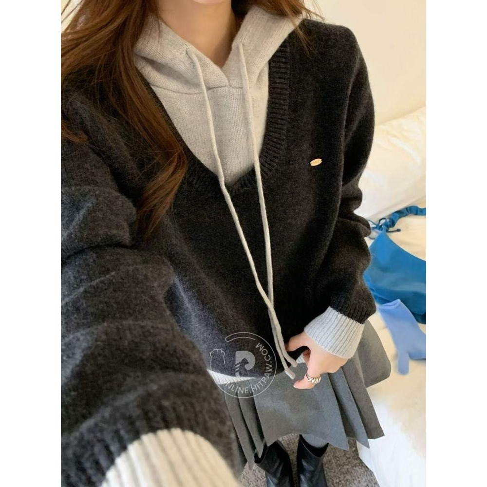 [預購 每周日中午 12:00收單] 2025 韓國 秋冬女裝 假兩件連帽針織上衣-細節圖7