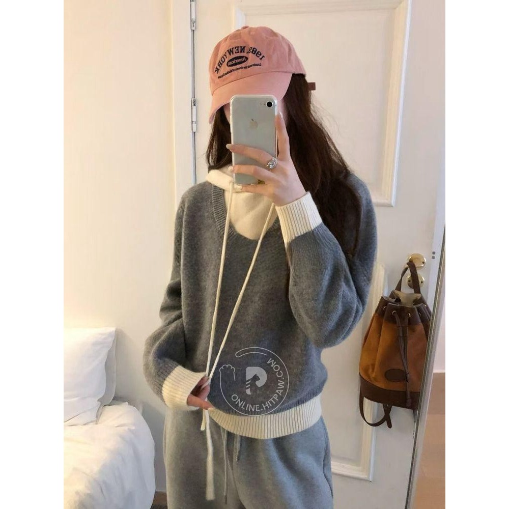 [預購 每周日中午 12:00收單] 2025 韓國 秋冬女裝 假兩件連帽針織上衣-細節圖8