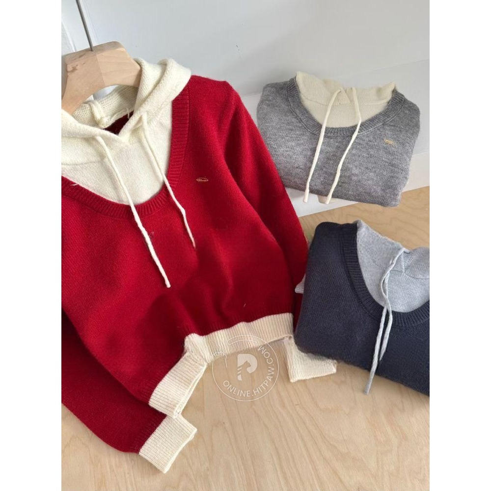 [預購 每周日中午 12:00收單] 2025 韓國 秋冬女裝 假兩件連帽針織上衣-規格圖8