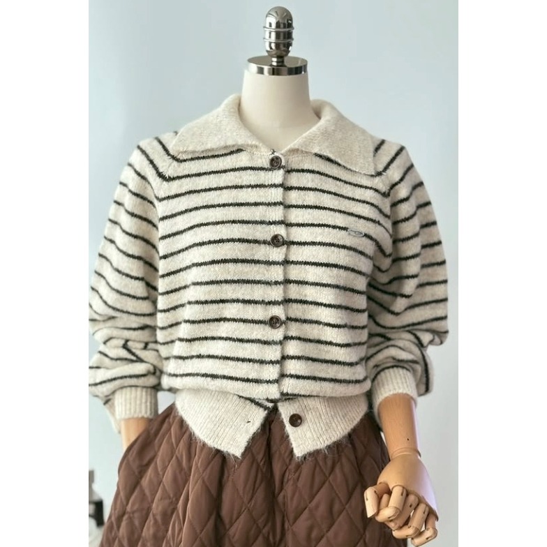 [預購 每周日中午 12:00收單] 2025 韓國 秋冬女裝 條紋翻領開襟針織上衣-細節圖4