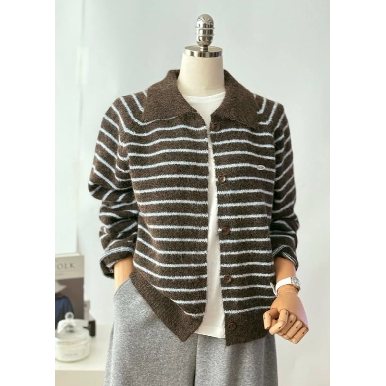 [預購 每周日中午 12:00收單] 2025 韓國 秋冬女裝 條紋翻領開襟針織上衣-細節圖6