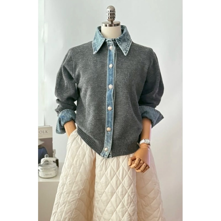 [預購 每周日中午 12:00收單] 2025 韓國 秋冬女裝   牛仔拼接上衣-細節圖2