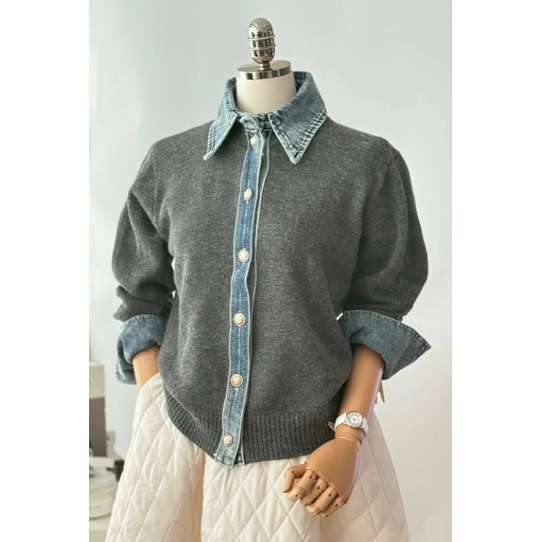 [預購 每周日中午 12:00收單] 2025 韓國 秋冬女裝   牛仔拼接上衣-細節圖4