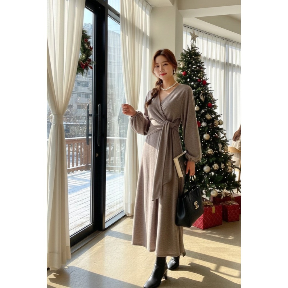 [預購 每周日中午 12:00收單] 2025 韓國 秋冬女裝 交叉綁帶裹身洋裝-細節圖4