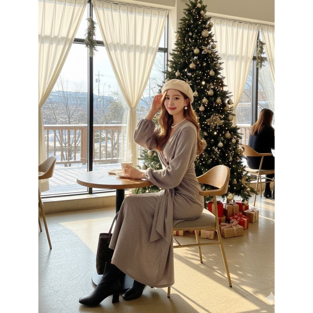 [預購 每周日中午 12:00收單] 2025 韓國 秋冬女裝 交叉綁帶裹身洋裝-細節圖5