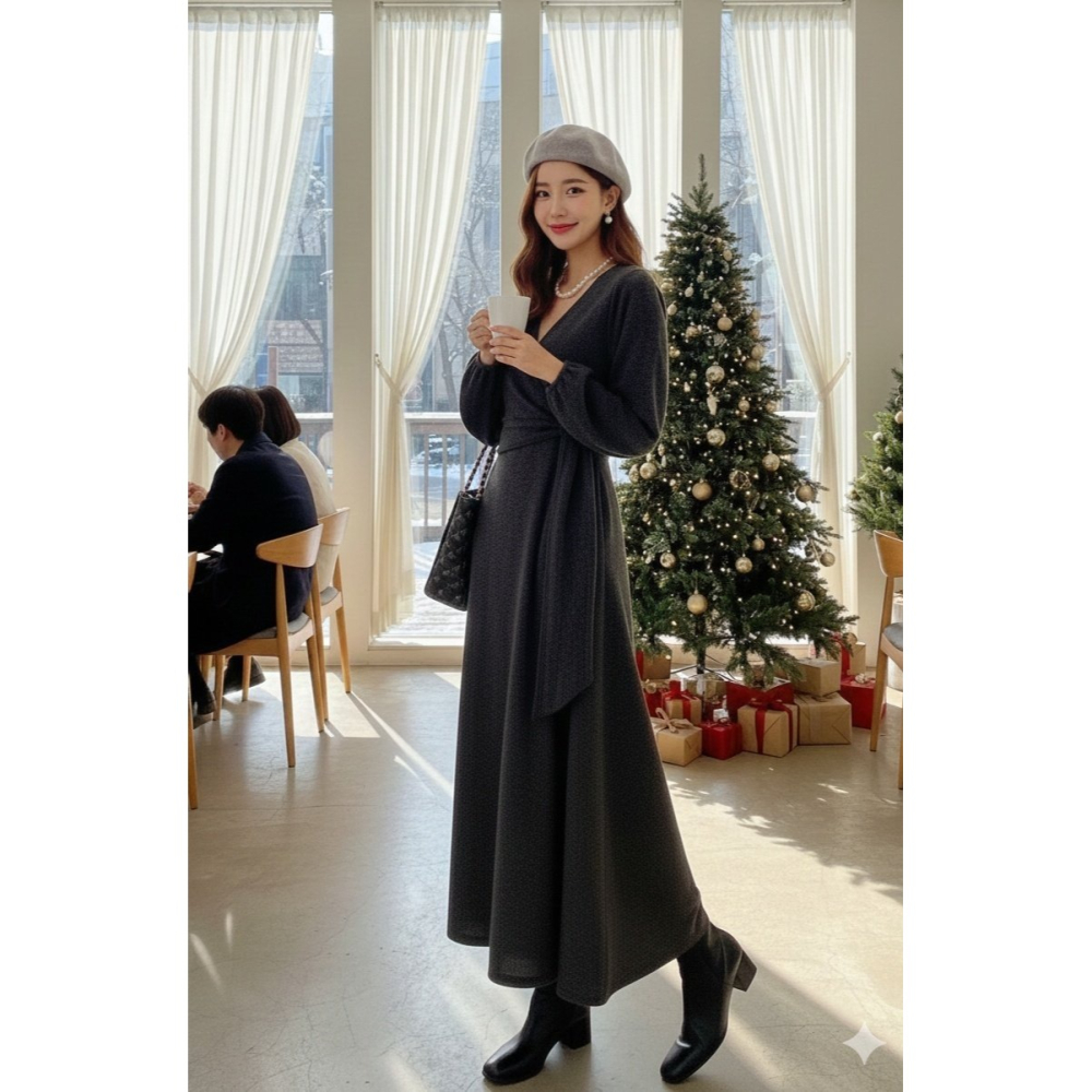 [預購 每周日中午 12:00收單] 2025 韓國 秋冬女裝 交叉綁帶裹身洋裝-細節圖6