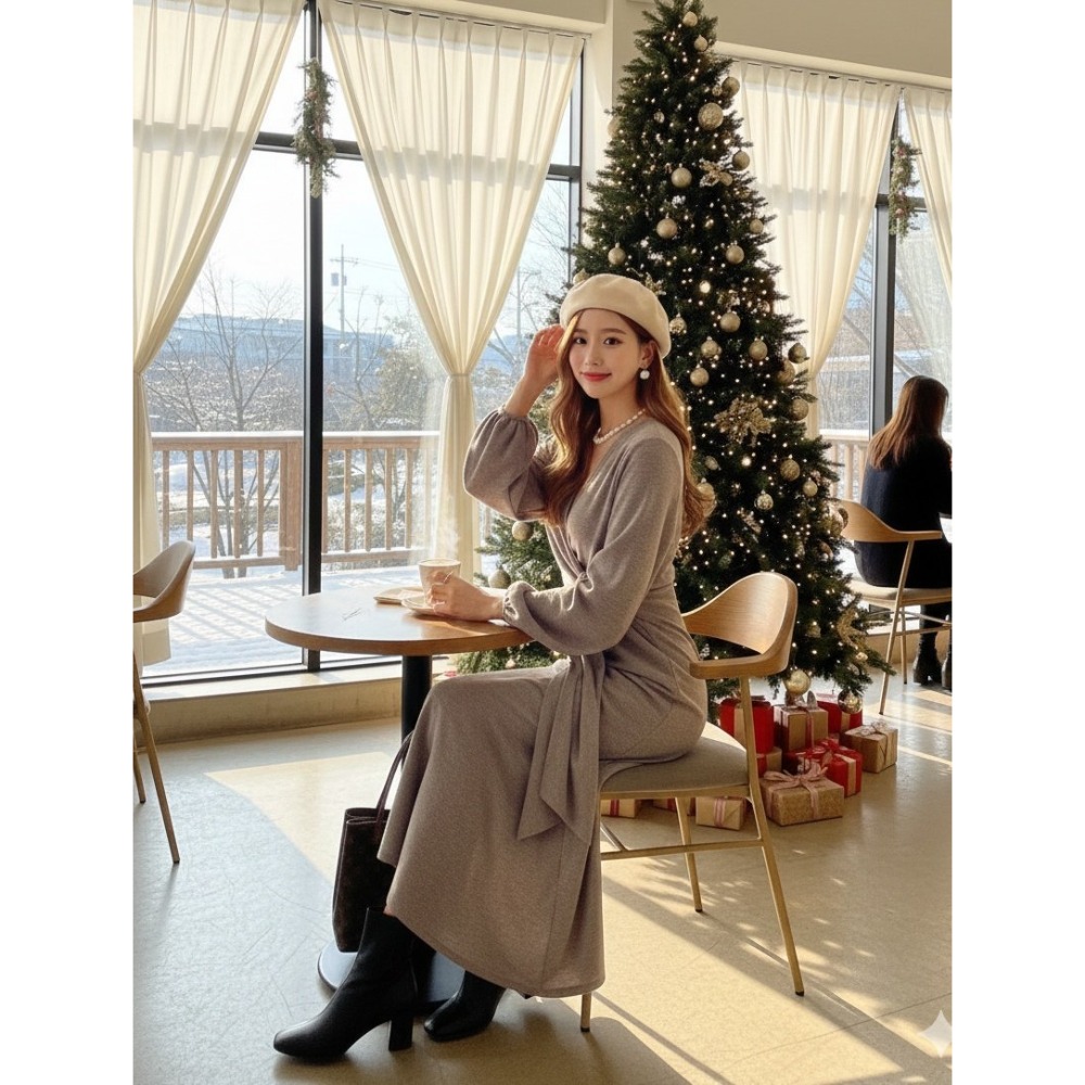 [預購 每周日中午 12:00收單] 2025 韓國 秋冬女裝 交叉綁帶裹身洋裝-規格圖7