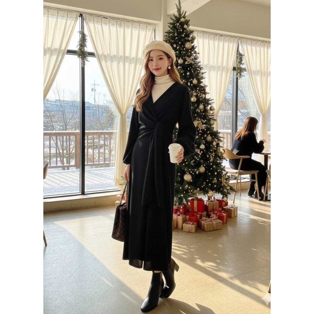 [預購 每周日中午 12:00收單] 2025 韓國 秋冬女裝 交叉綁帶裹身洋裝-規格圖7