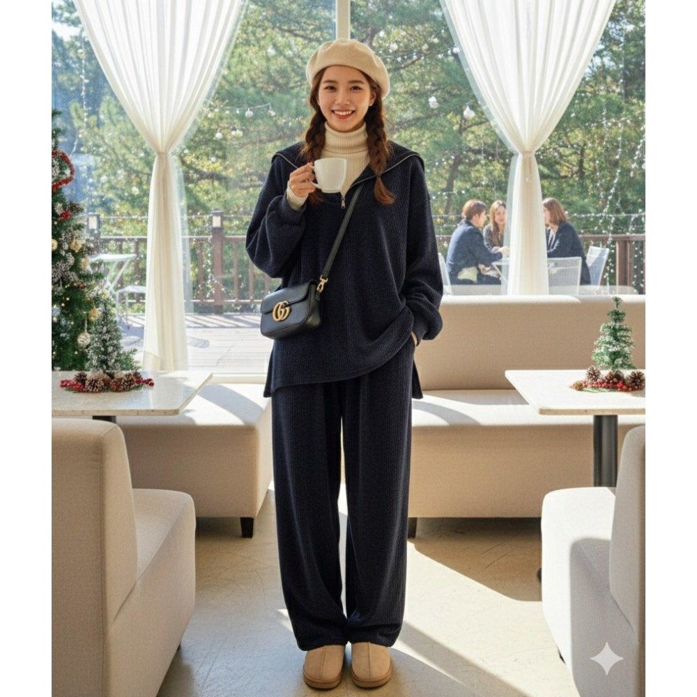 [預購 每周日中午 12:00收單] 2025 韓國 秋冬  休閒時尚女裝  天鵝絨水手領拉鍊針織上衣+鬆緊褲頭長褲套裝-細節圖2