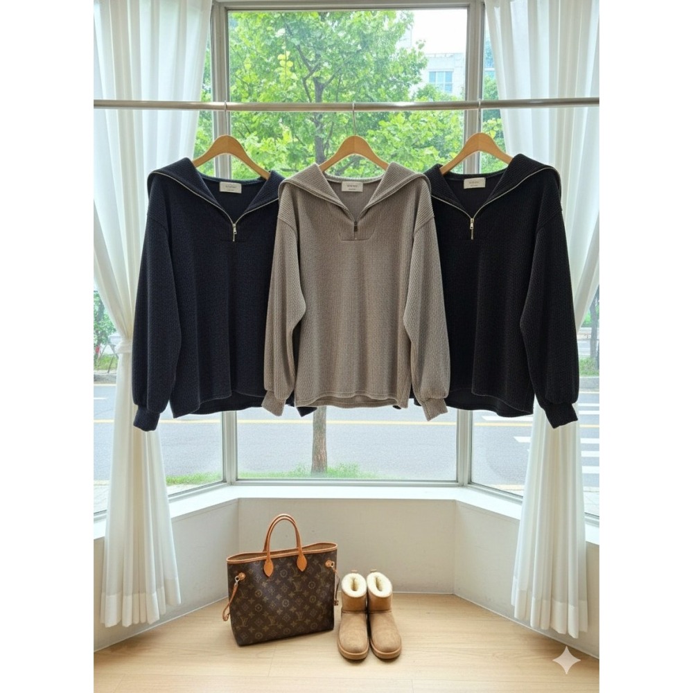 [預購 每周日中午 12:00收單] 2025 韓國 秋冬  休閒時尚女裝  天鵝絨水手領拉鍊針織上衣+鬆緊褲頭長褲套裝-細節圖5