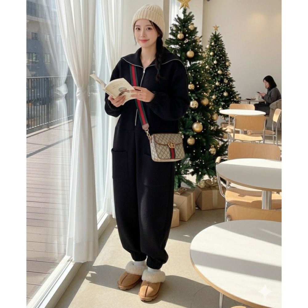 [預購 每周日中午 12:00收單] 2025 韓國 秋冬女裝 水手領拉鍊連身長褲-細節圖2