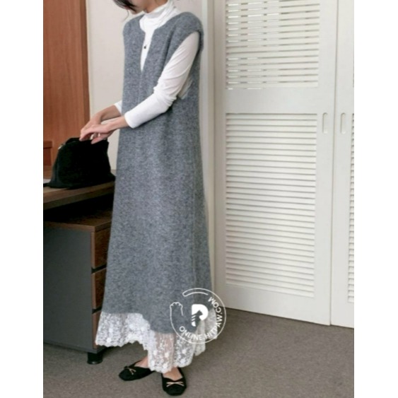 [預購 每周日中午 12:00收單] 2026 韓國 秋冬 時尚女裝 蕾絲邊連身洋裝-細節圖3