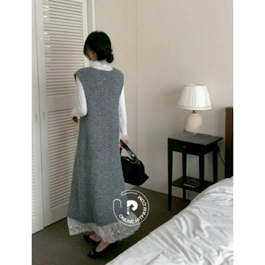 [預購 每周日中午 12:00收單] 2026 韓國 秋冬 時尚女裝 蕾絲邊連身洋裝-細節圖4