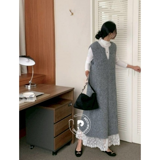 [預購 每周日中午 12:00收單] 2026 韓國 秋冬 時尚女裝 蕾絲邊連身洋裝-細節圖5