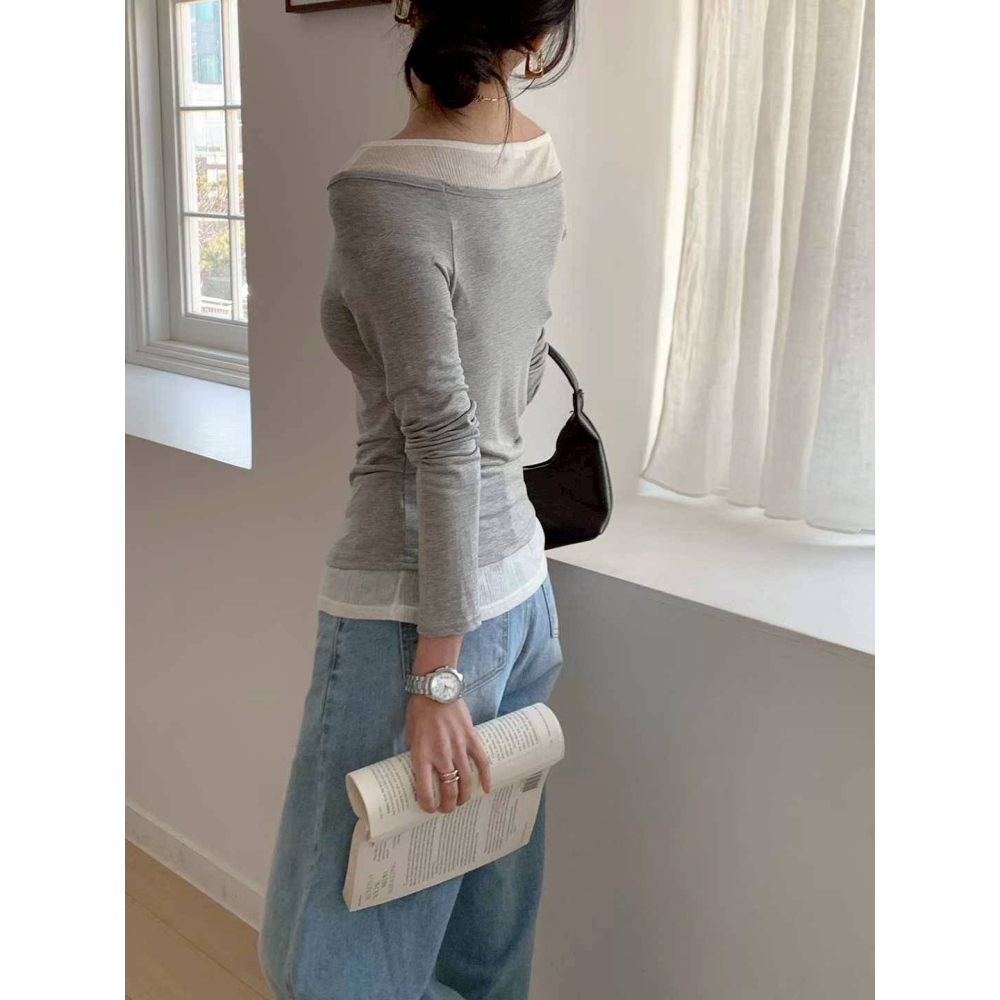 [預購 每周日中午 12:00收單] 2026 韓國 秋冬女裝 假兩件船型領上衣-細節圖2