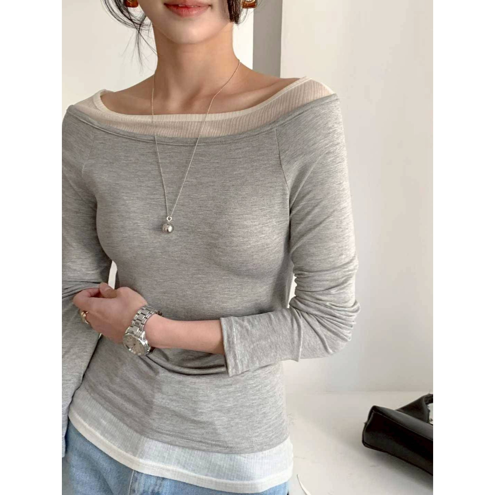 [預購 每周日中午 12:00收單] 2026 韓國 秋冬女裝 假兩件船型領上衣-細節圖3