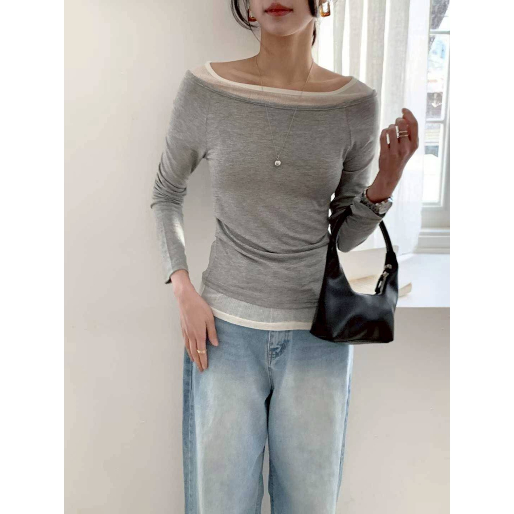 [預購 每周日中午 12:00收單] 2026 韓國 秋冬女裝 假兩件船型領上衣-細節圖7