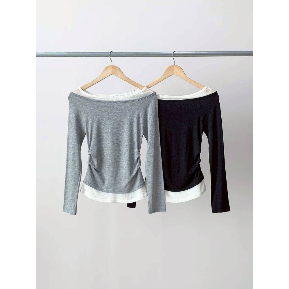 [預購 每周日中午 12:00收單] 2026 韓國 秋冬女裝 假兩件船型領上衣-細節圖8