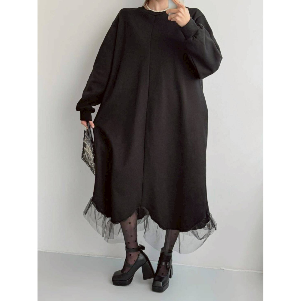 [預購 每周日中午 12:00收單] 2026 韓國 秋冬女裝 蕾絲滾邊下擺設計連身洋裝-細節圖6