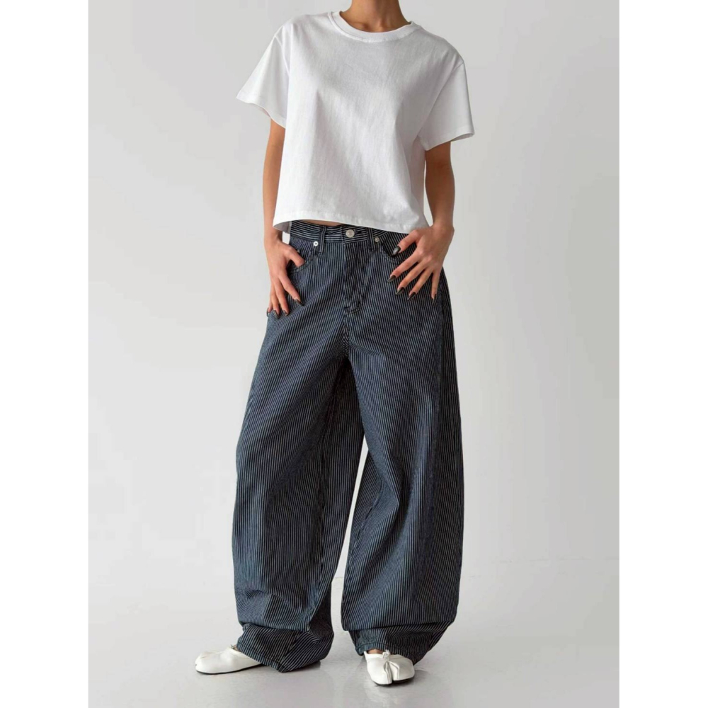[預購 每周日中午 12:00收單] 2026 韓國  春夏新裝 條紋寬版牛仔褲-細節圖5