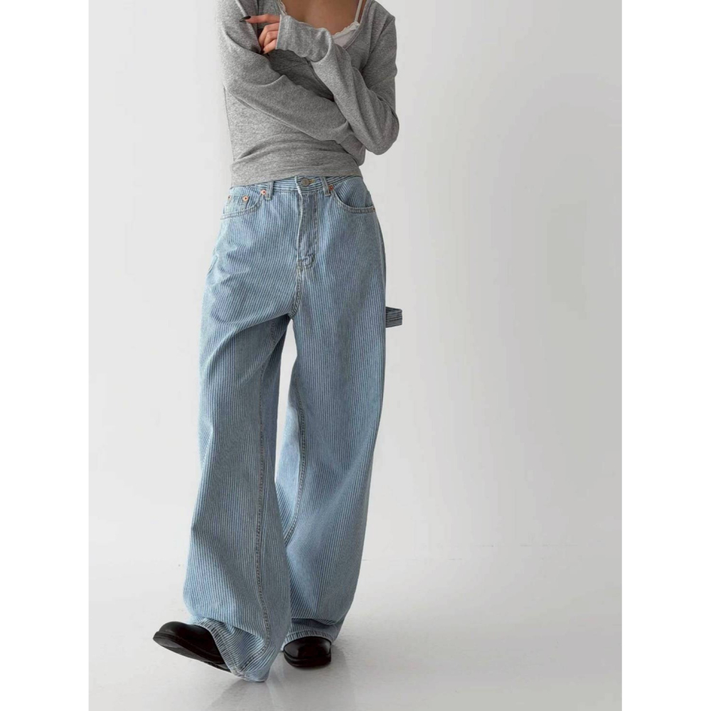 [預購 每周日中午 12:00收單] 2026 韓國 春夏新裝 條紋寬版牛仔褲-淺藍-細節圖5