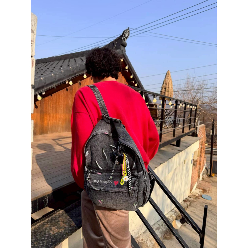 [預購 每周日中午 12:0收單] 2026 韓國 時尚包包 手繪笑臉牛仔後背包-細節圖4