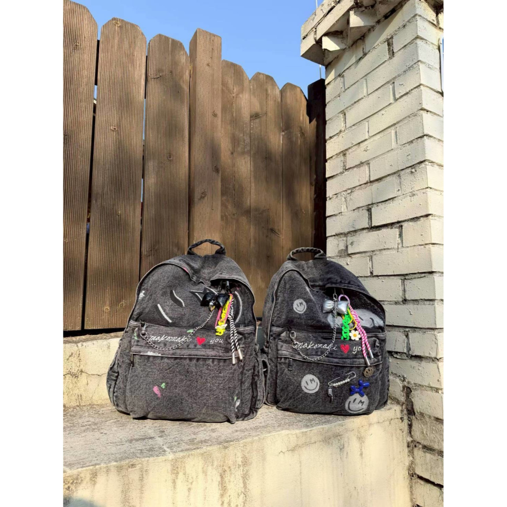 [預購 每周日中午 12:0收單] 2026 韓國 時尚包包 手繪笑臉牛仔後背包-細節圖5